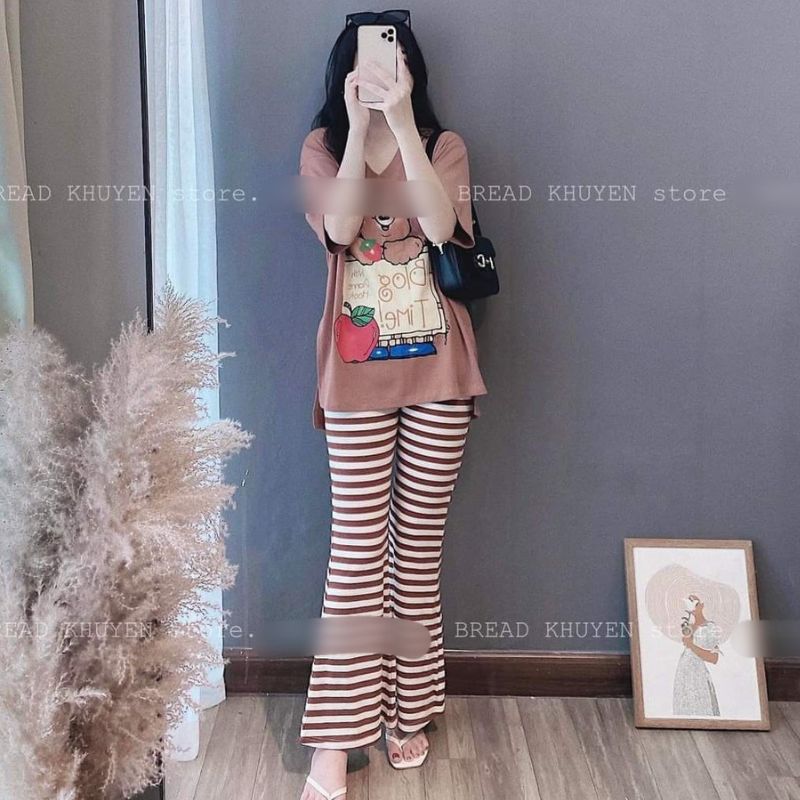 Đồ bộ nữ quần ống loe nữ cạp cao bigsize ESHOP quần thun gân len tăm cotton form rộng tay lửng co giãn đẹp DB35