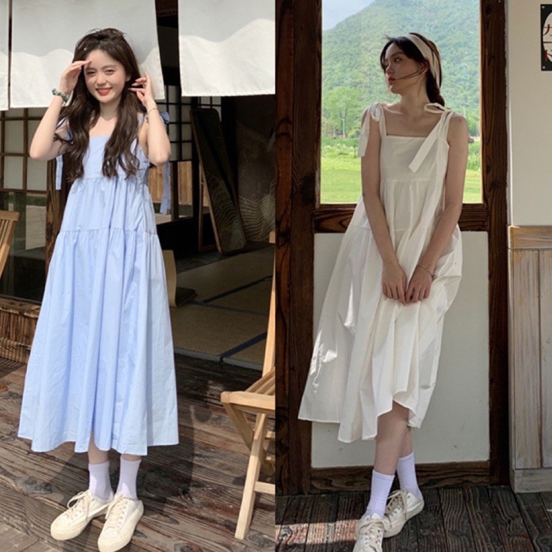 Đầm váy babydoll 2 dây thắt nơ nhiều màu