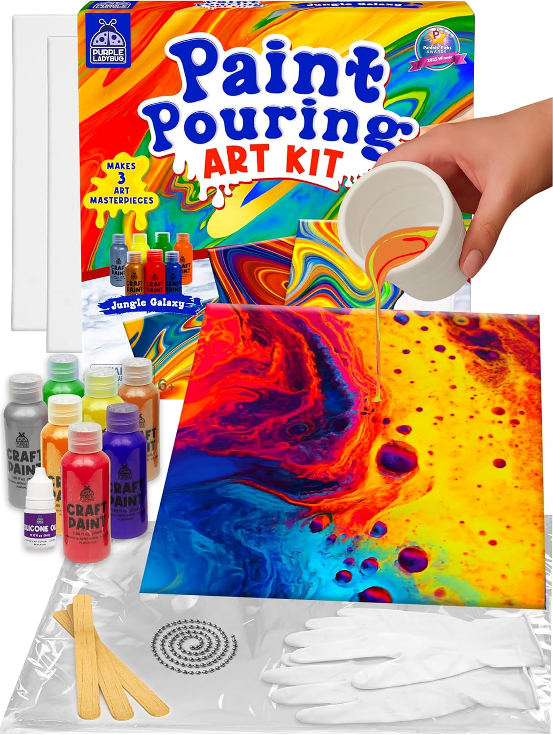 Bộ dụng cụ đổ màu nghệ thuật (Paint Pouring) ít bừa bộn của PURPLE LADYBUG dành cho trẻ từ 6+
