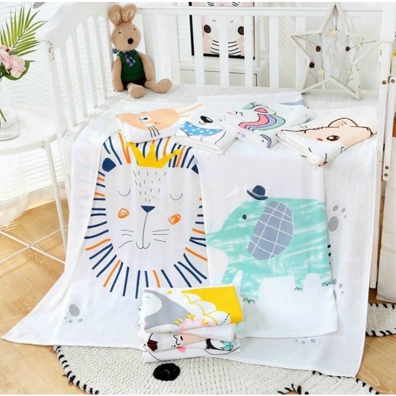 Khăn sợi tre mềm, chăn lụa cotton aden sợi tre cao cấp 4 lớp in hình cho bé KT 110x120