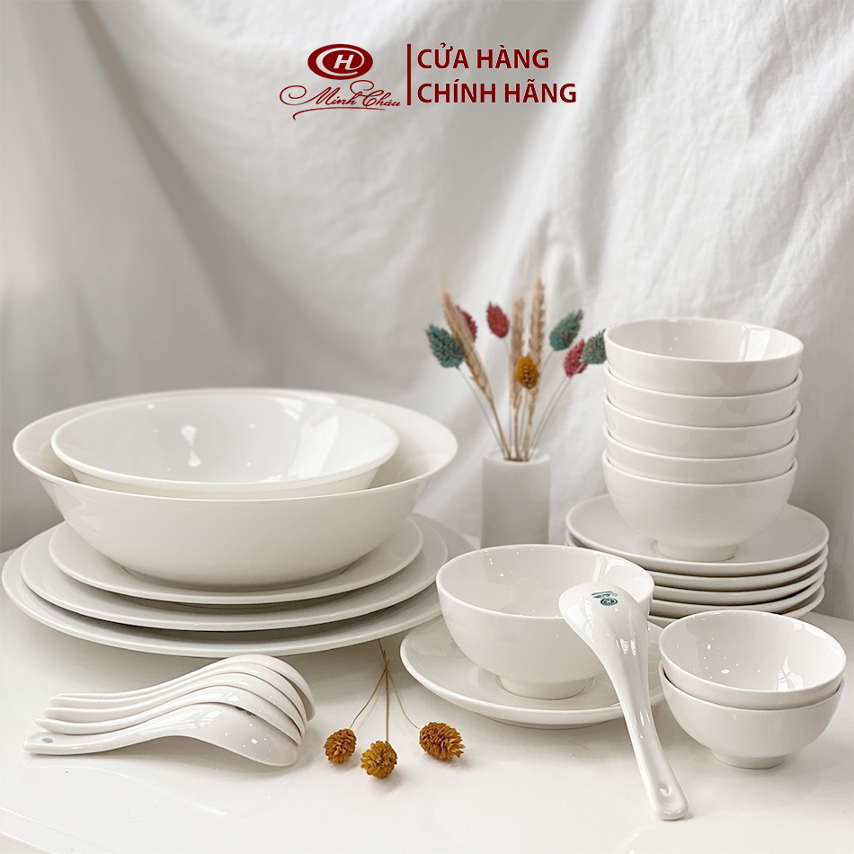 Bộ Bát Đĩa Trắng Trơn 25 Món - Sứ Minh Châu