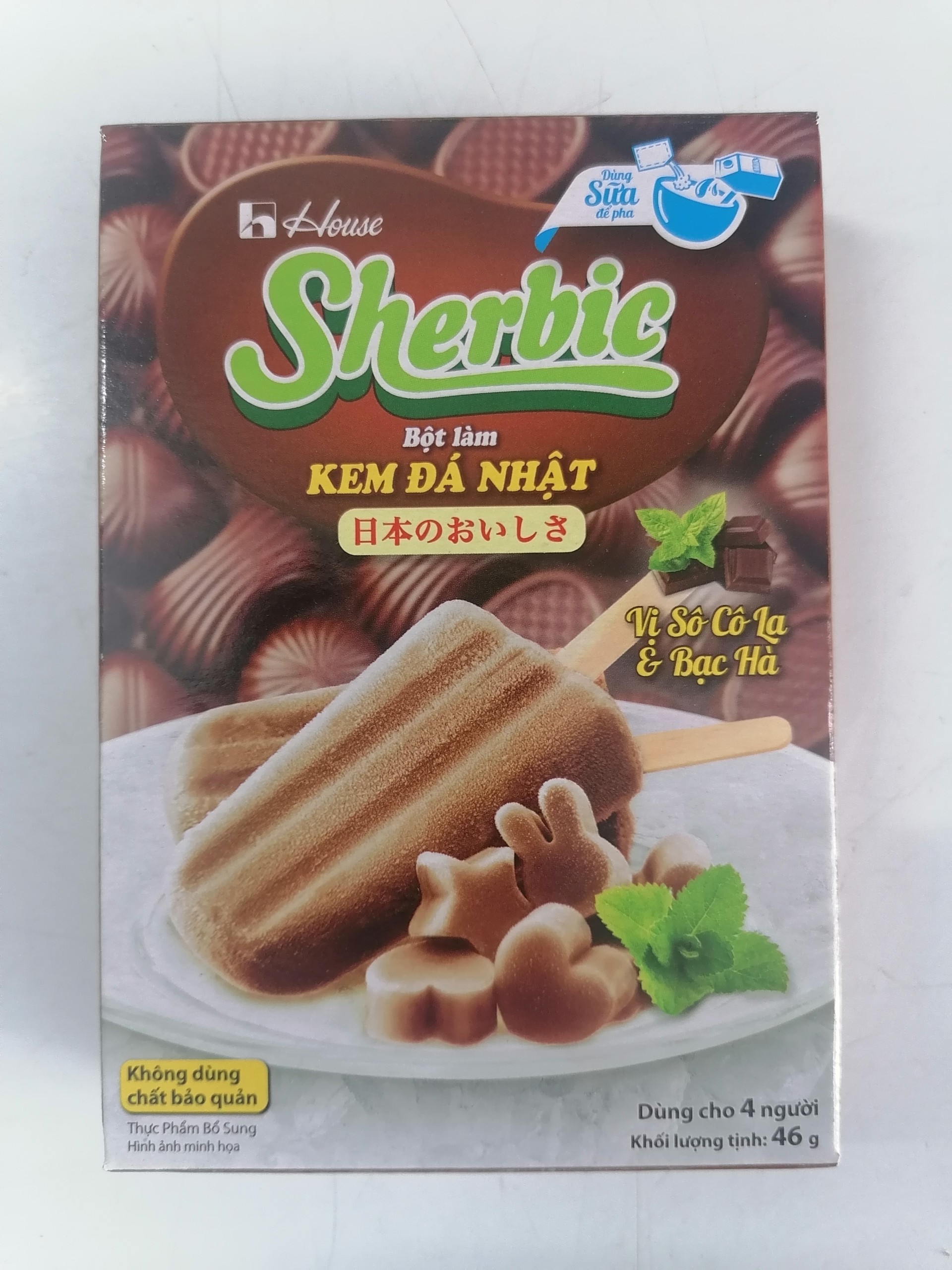 [46g - Sô cô la & Bạc hà] Bột Làm Kem Đá kiểu Nhật [VN] SHERBIC Chocolate & Mint Ice Cream Powder