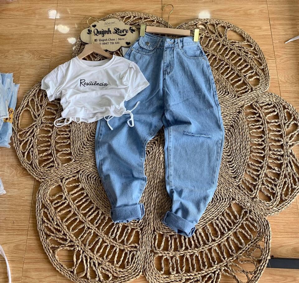 Set baggy jeans nắp rách 1 line+ crop rút dây thêu chữ