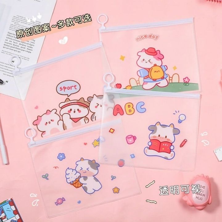 Túi zip a6 nhựa dẻo đựng bút đồ dùng hình bò sữa siêu cute