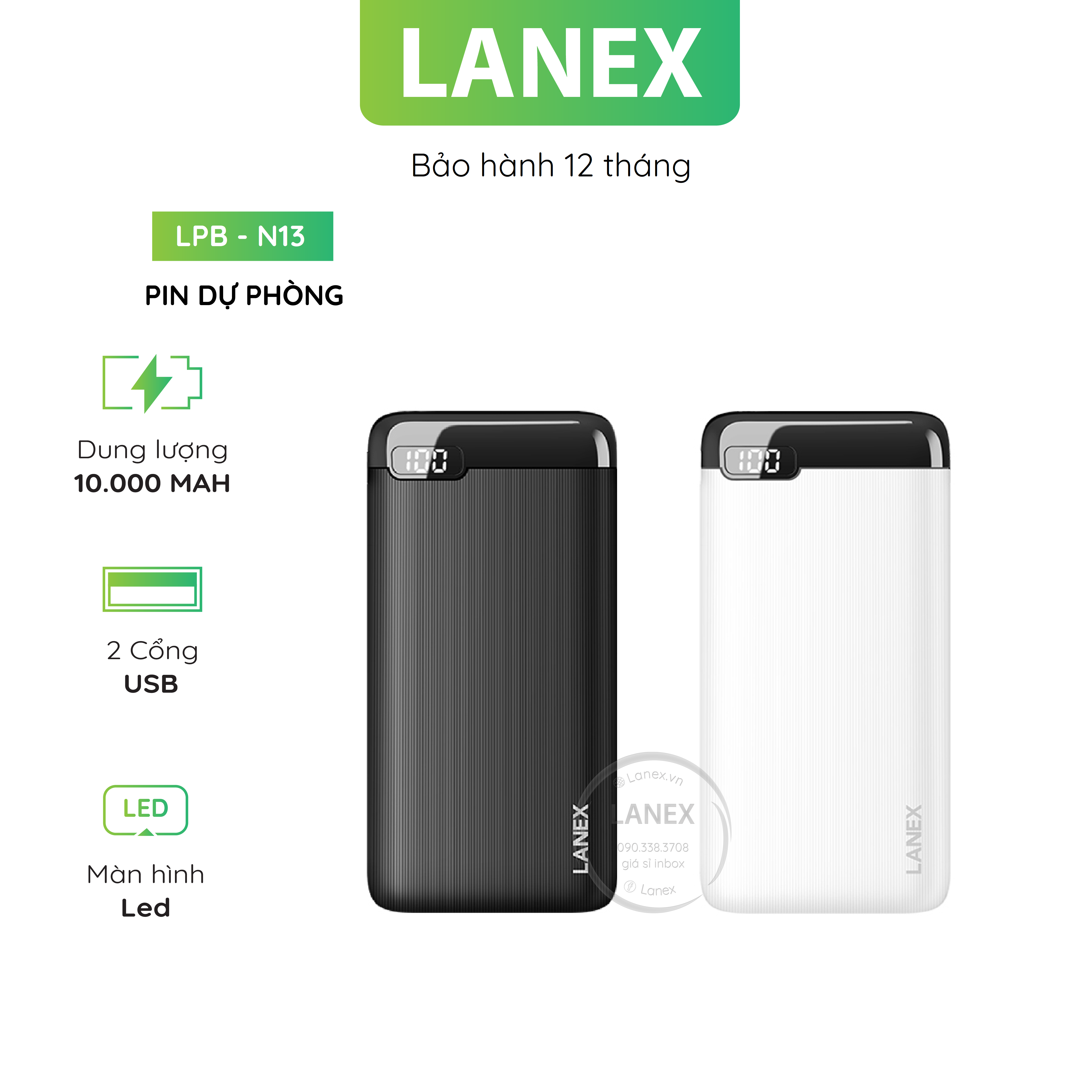 Pin Dự Phòng Lanex Lpb - N13 2 Cổng Usb 2.1a 10000mah Màn Hình Led