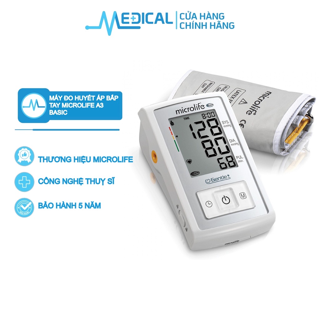 Máy đo huyết áp bắp tay microlife a3 basic cảnh báo rối loạn nhịp tim với công nghệ pad - medical