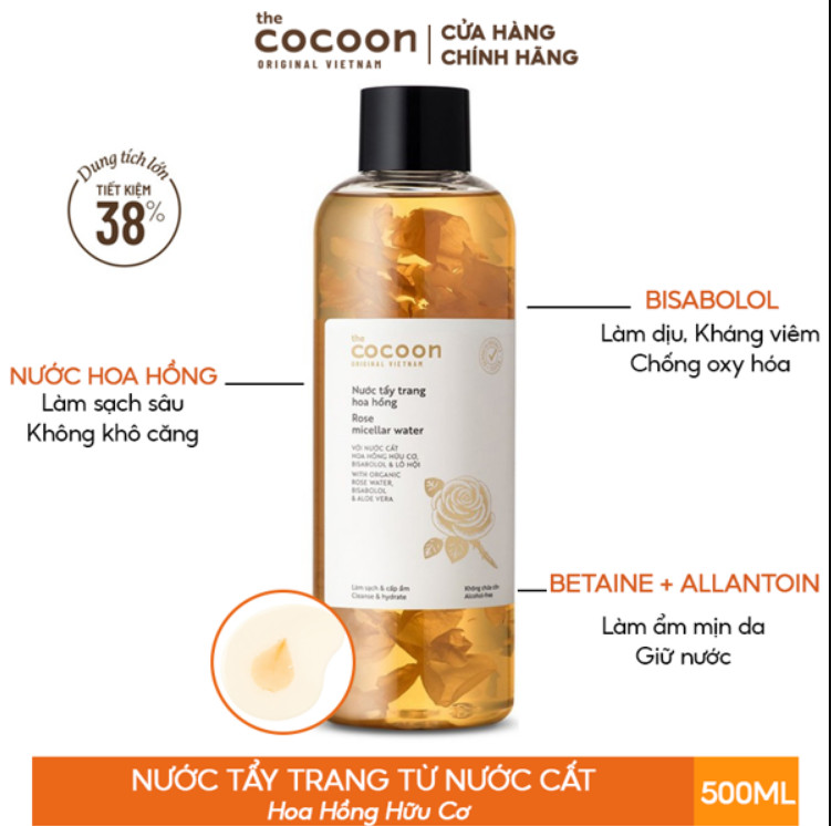 Nước tẩy trang hoa hồng Cocoon 500ml làm sạch sâu lớp trang điểm bụi bẩn, cấp ẩm cho da, mang lại làn da sạch và mịn màng Học Viện Quân Y Việt Nam