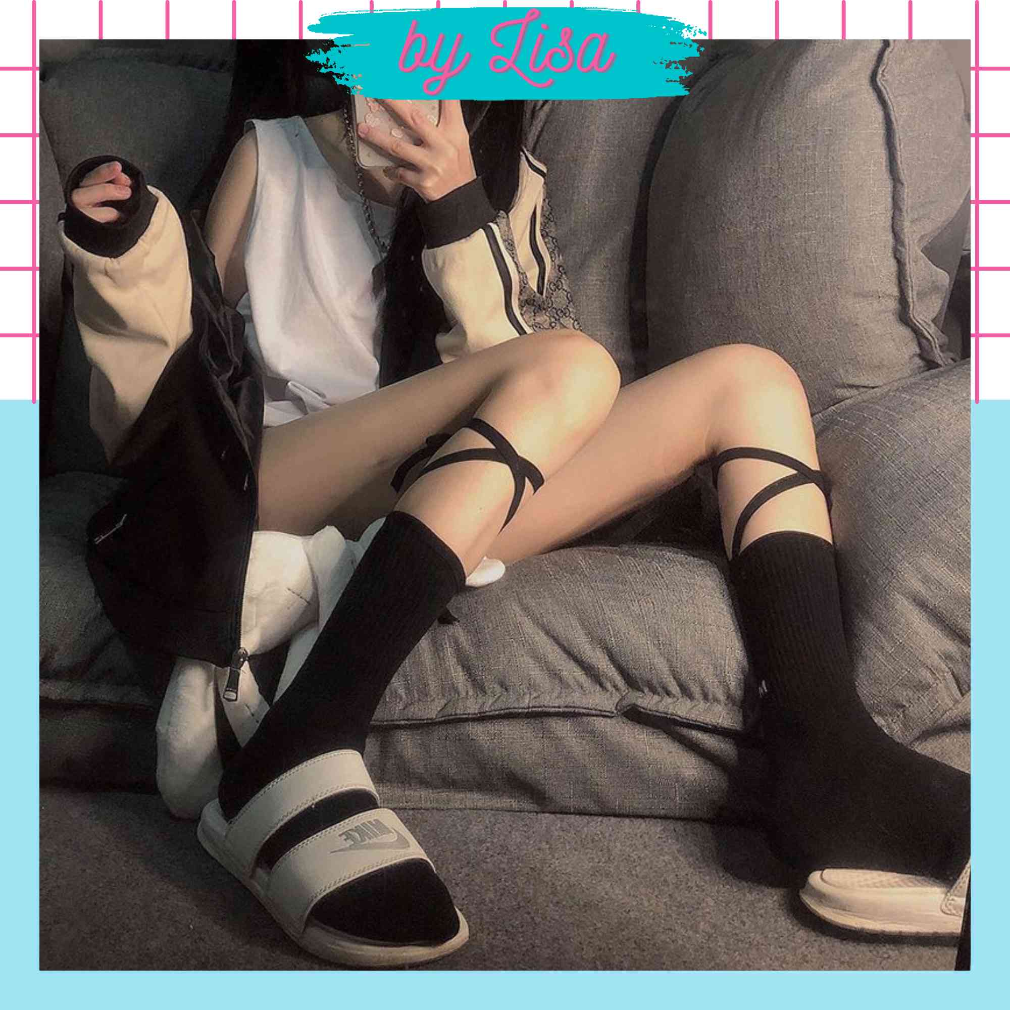 Tất vớ cổ cao cột dây chéo phong cách lolita tất nữ bắp chân thắt nơ sexy