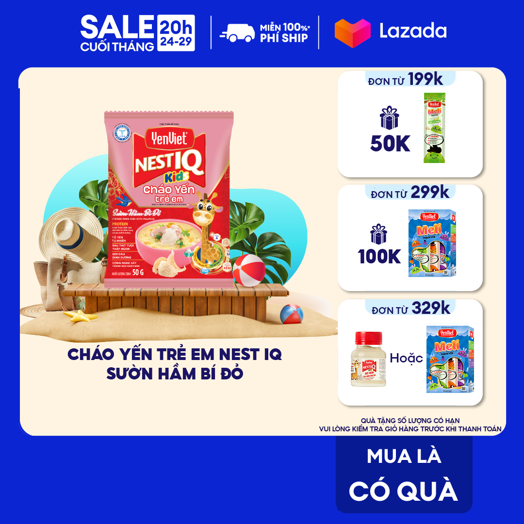 Yến Việt - Cháo yến trẻ em Nest IQ sườn hầm bí đỏ/ vị thịt bằm, công thức độc quyền Viện VIAM, bổ sung Omega 3, DHA thùng 30 góix 50g