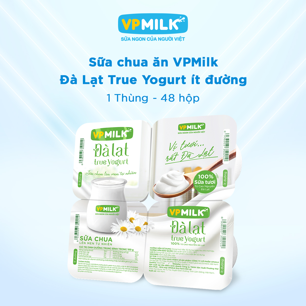 [VẬN CHUYỂN HỎA TỐC HCM] Sữa chua ăn VPMilk Đà Lạt True Yogurt ít đường (Thùng 48 hộp)