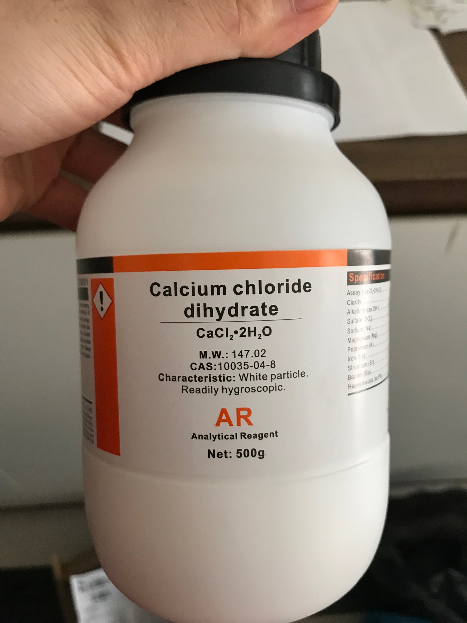 Canxi clorua CaCl2.2H2O Calcium chloride Dihydrate tinh khiết chai khối lượng 500g thí nghiệm an toà