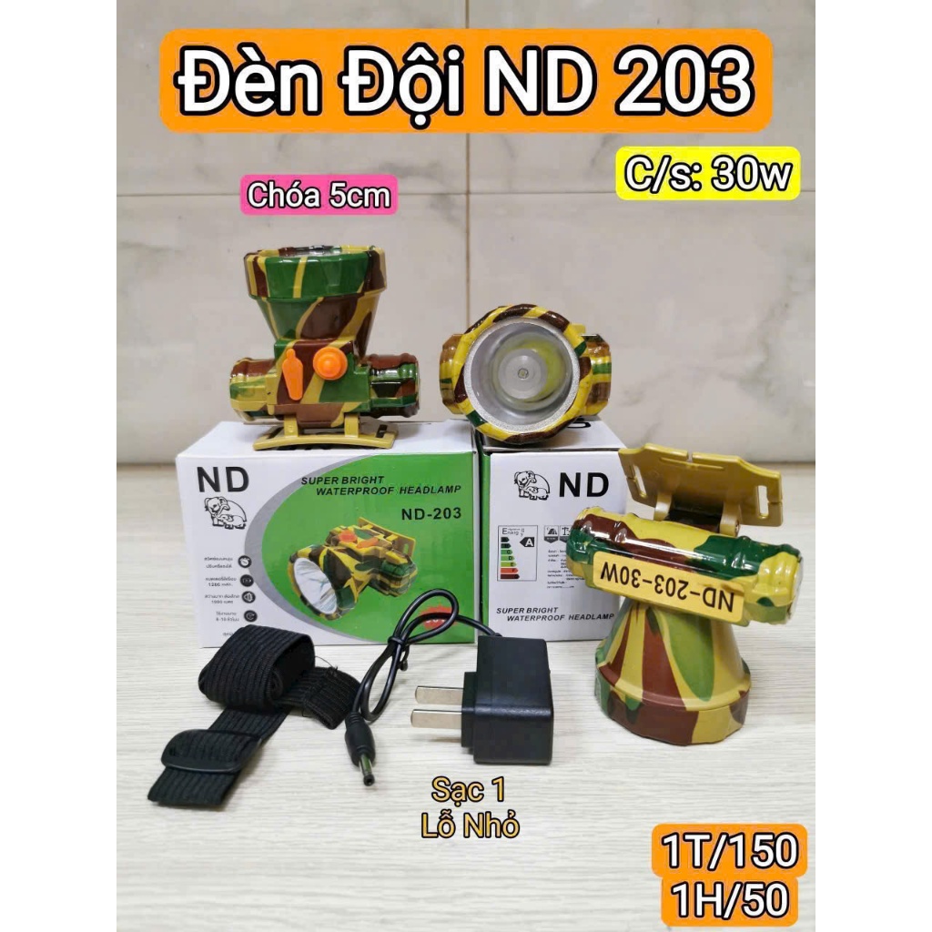 Đèn đội đầu NĐ-203 ánh sáng trắng vàng có 2 chế độ sáng mạnh/yếu thiết kế nhỏ gọn dễ mang đi xa