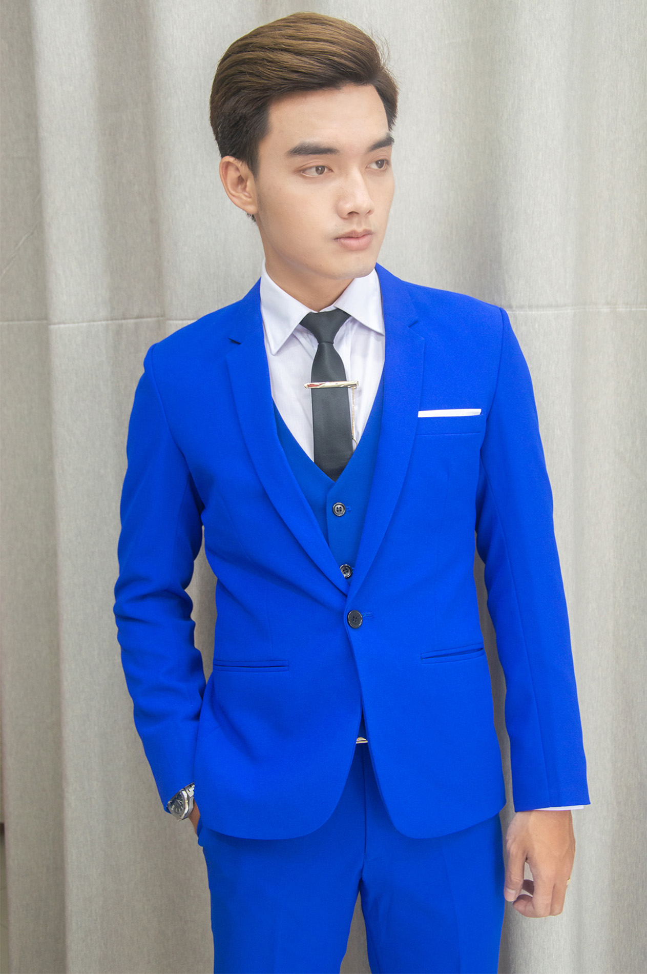 [HCM]Bộ vest nam và gile sơ mi ôm body màu xanh coban tặng kèm combo phụ kiện