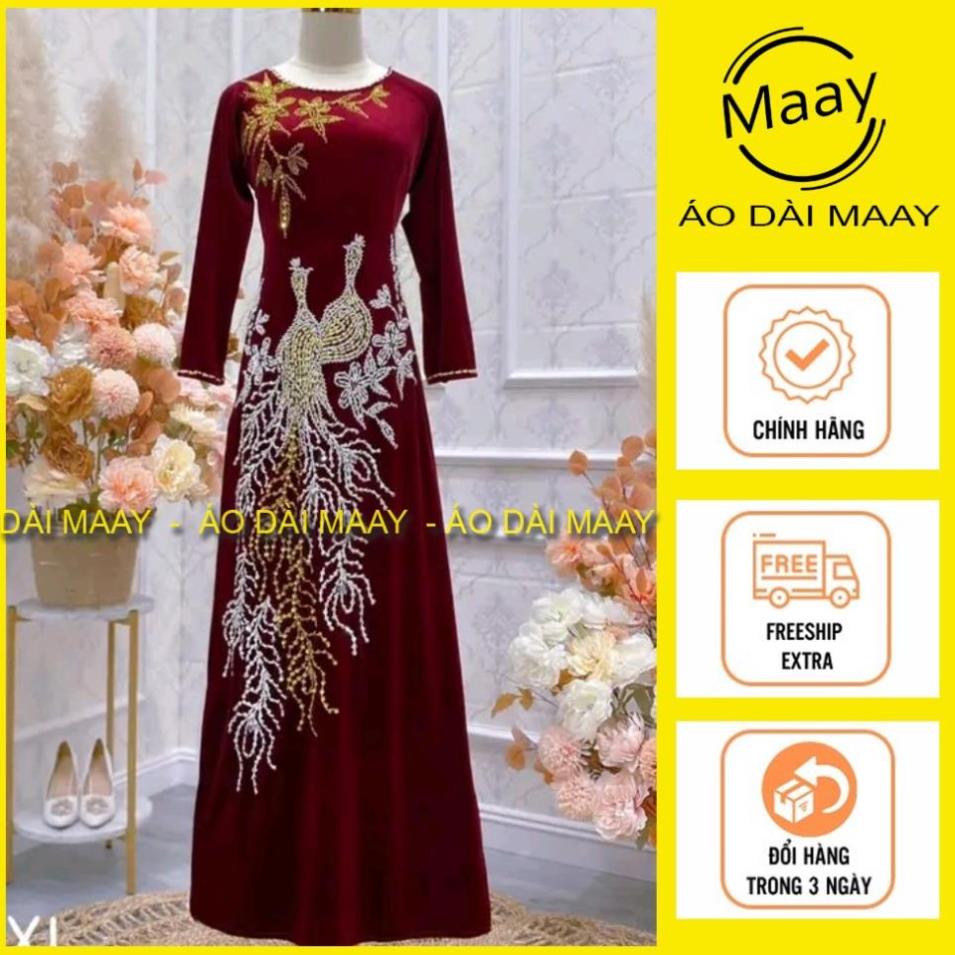 Áo dài đỏ trung niên bà sui tặng bà tặng mẹ đính kết cổ tròn, tay lỡ