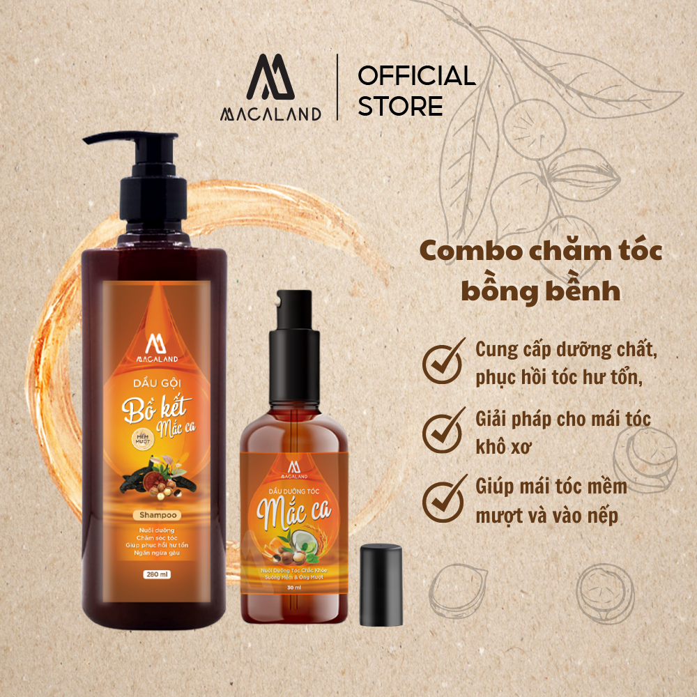 Combo Dầu Gội Bồ Kết Mềm Mượt Mắc Ca 280ml và Dầu dưỡng tóc Mắc Ca 30ml MACALAND dưỡng tóc óng mềm suôn mượt