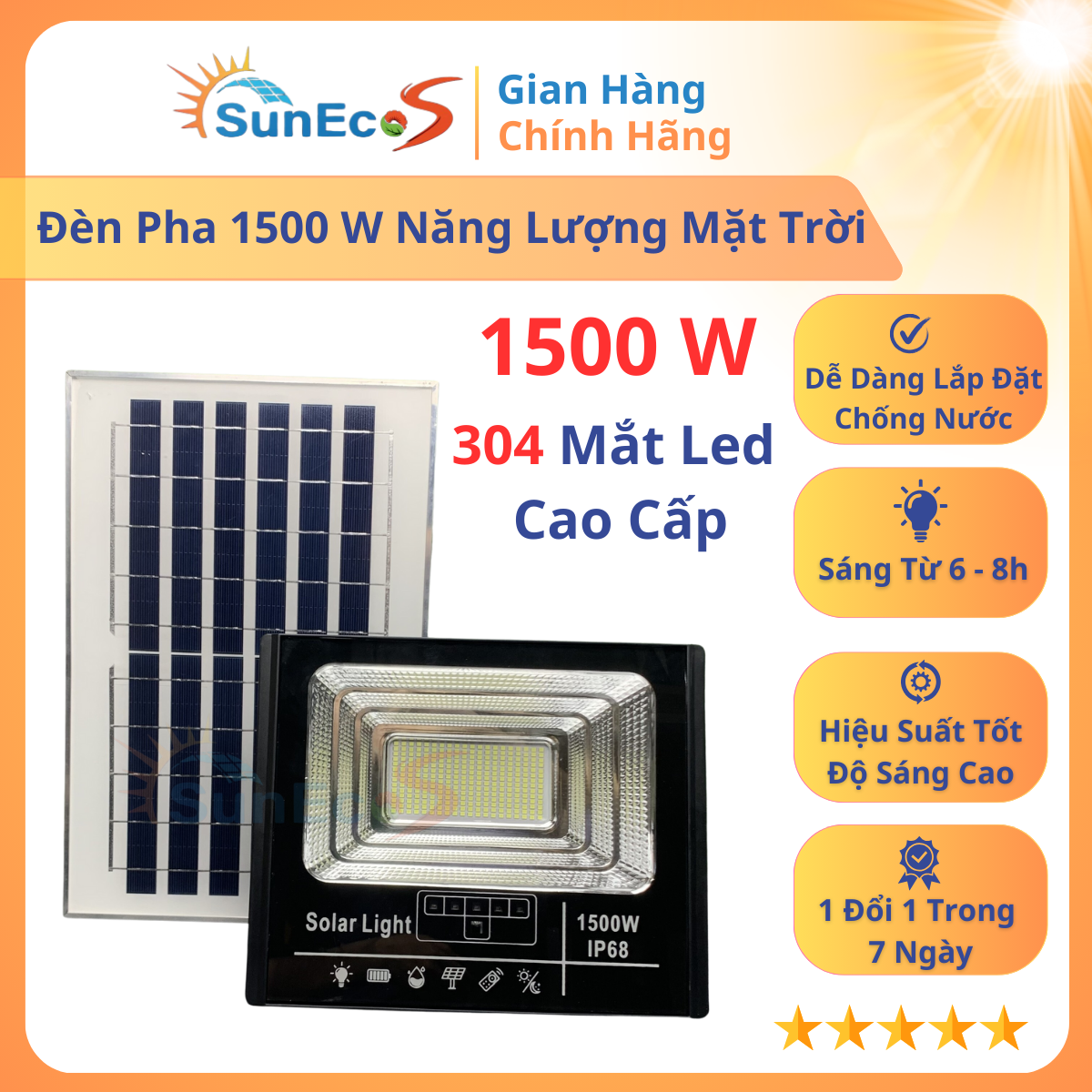 Đèn Năng Lượng Mặt Trời, Đèn Pha Led 1500W SUNECO Thế Hệ Mới 2024 Có Cảm Biến, Thời Gian Sáng Kéo Dài BH 24 Tháng