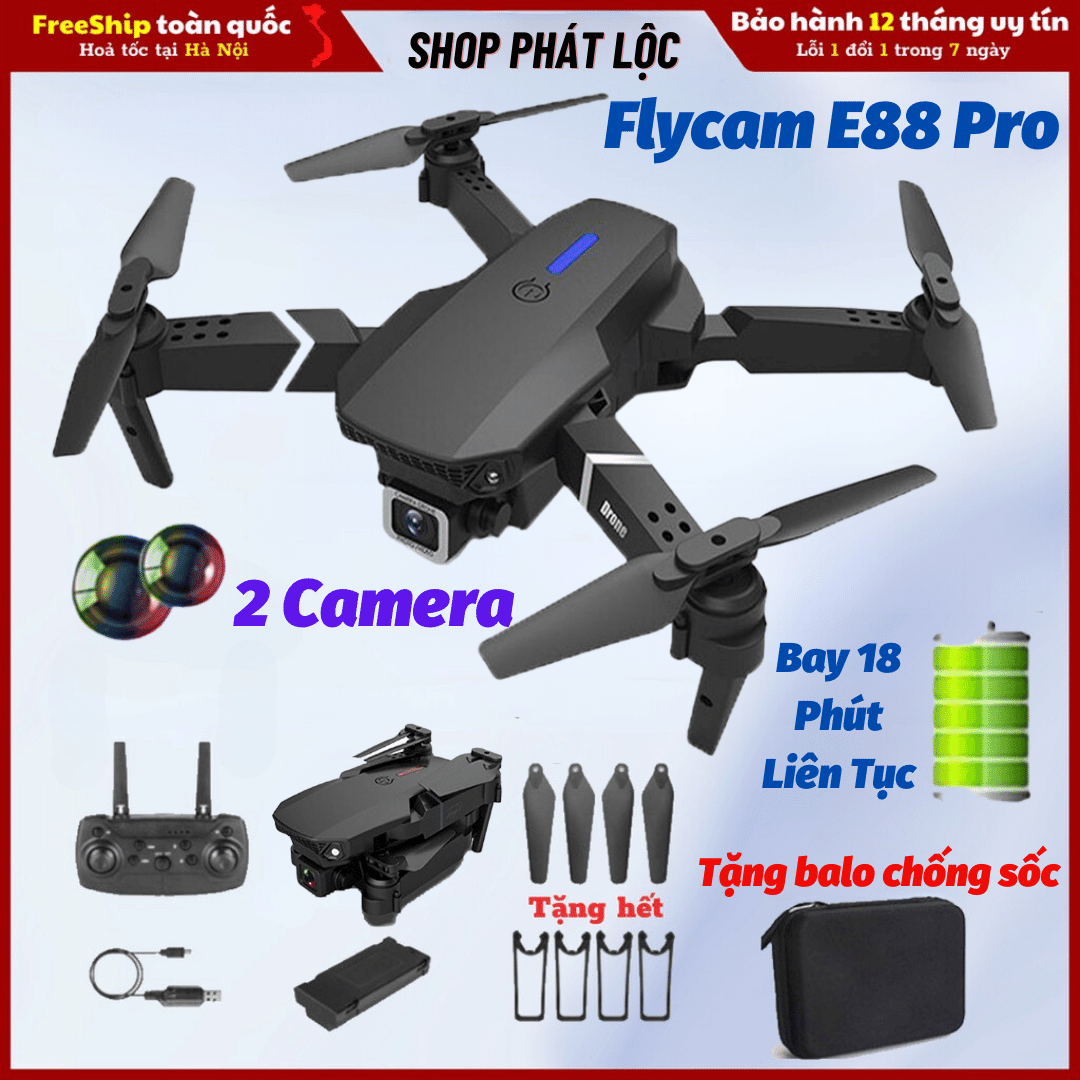 Flycam Mini Drone E88 Pro Máy Bay Điều Khiển Từ Xa 4 Cánh Play Camera 2 Camera 12MP Pin Lithium 1800mAh bay 18 Phút