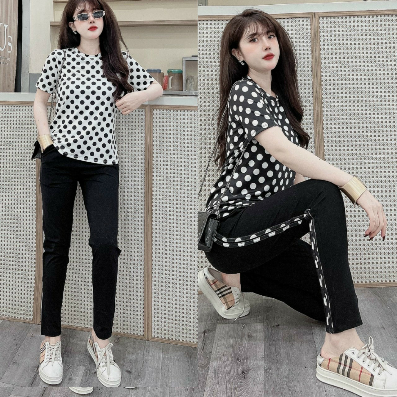 Đồ bộ thể thao thun cotton chấm bi