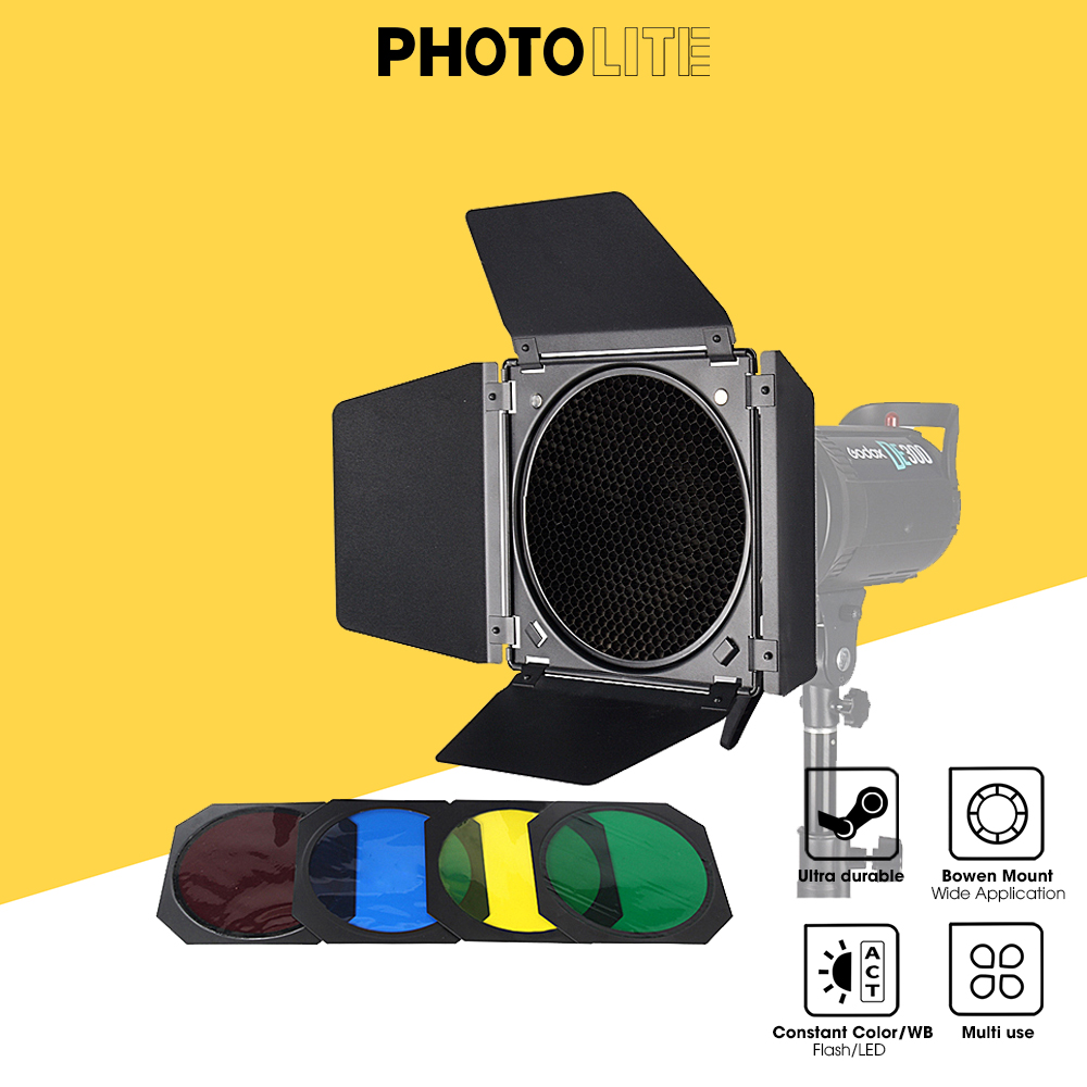 Barndoor Photolite PA084 gom ánh sáng kèm tổ ong và filter màu, ngàm bowen