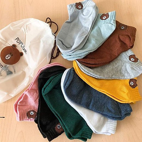 Combo 10 đôi tất cổ vừa in hình gấu brown dễ thương, 10 đôi tất/vớ đủ màu- kèm túi đựng xinh xắn