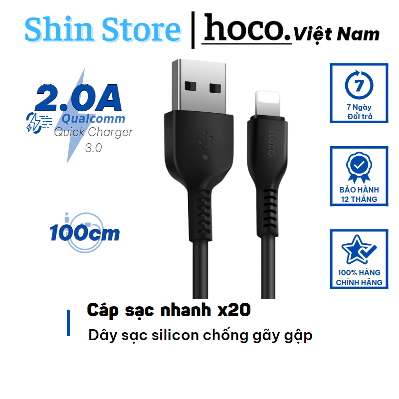 Cáp sạc hoco x20 hỗ trợ sạc nhanh 2.0a, dây sạc type c, micro, lightning độ dài 1m 2m 3m -shinstore