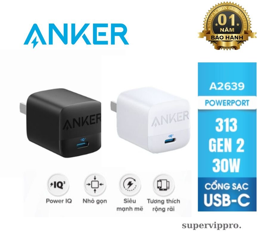 Củ sạc anker 313 gan 30w iq3.0/pd/pps chân gập - a2639 -bảo hành 12 tháng-chính hãng