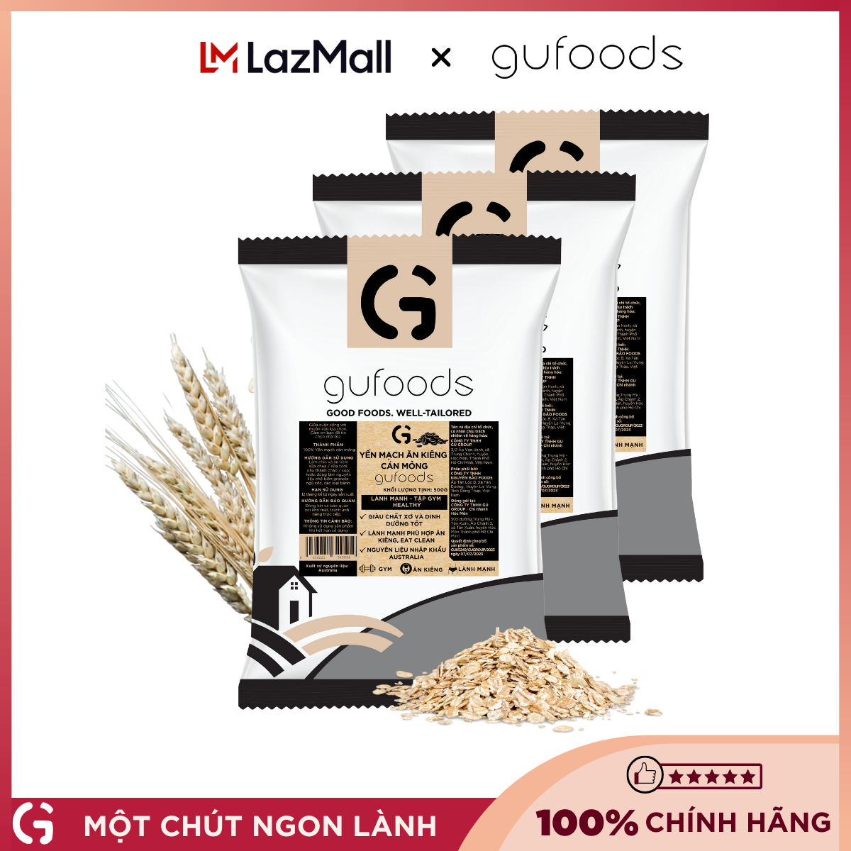 [1.5kg] Combo 3 gói Yến mạch tươi cán mỏng (cán dẹt) GUfoods (mỗi gói 500g) - Ăn kiêng, Giàu chất xơ, Hỗ trợ giảm cân, Tập gym, Eat clean