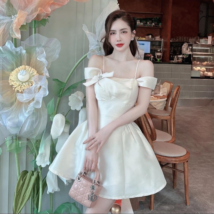 Váy nữ 2 dây chất tapta thiết kế nơ ngực đầm dự tiệc sang trọng Minaca V191