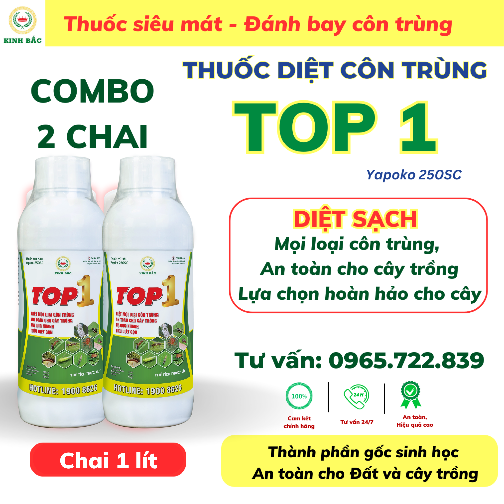 2 Chai Thuốc Diệt Côn Trùng TOP 1,Chai 1 lít, Chính hãng Kinh Bắc công nghệ Đức, Trừ Sâu Bọ, Rầy Rệp, Sâu Ăn Lá, Ấu Trùng Trên Lá Và Dưới Đất, Công Nghệ Lưu Dẫn Hai Chiều, Chai Phun 1 Hecta, Chai 500ml