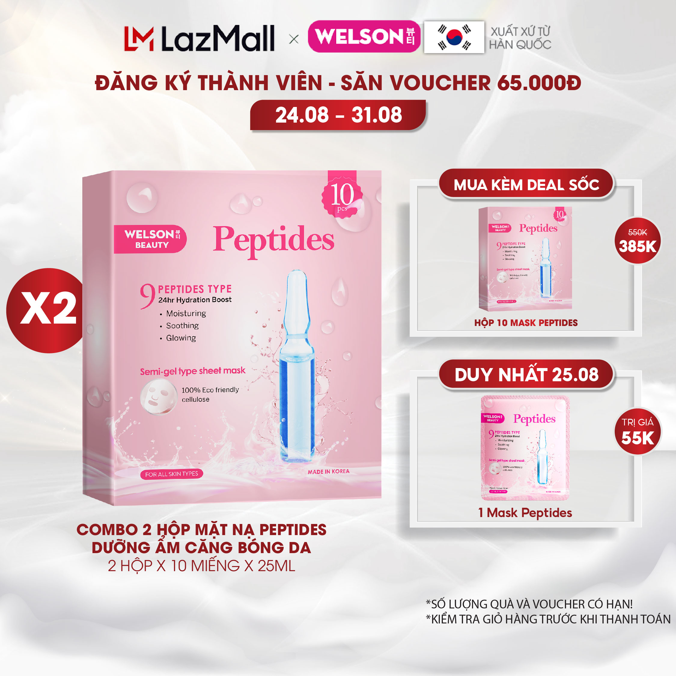 Mặt Nạ Hàn Quốc Dưỡng Ẩm Phục Hồi Da Welson Beauty Peptides 20 miếng