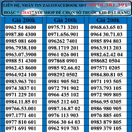 sim số đẹp viettel đầu 09, 08, 03 đồng giá 200k, Sim chưa kích hoạt. Quý khách vui lòng đăng ký chín