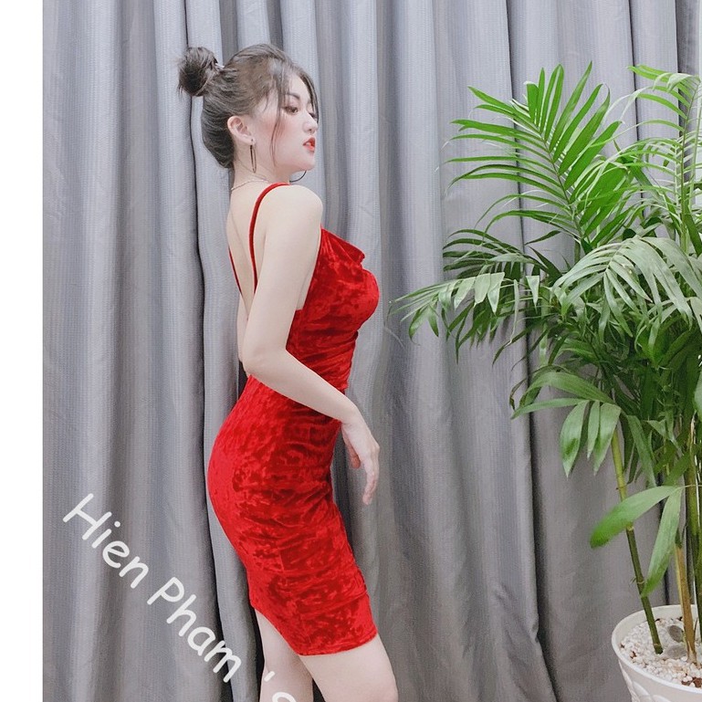 Đầm nhung cổ đỗ, đan dây hở lưng sexy - DN7165