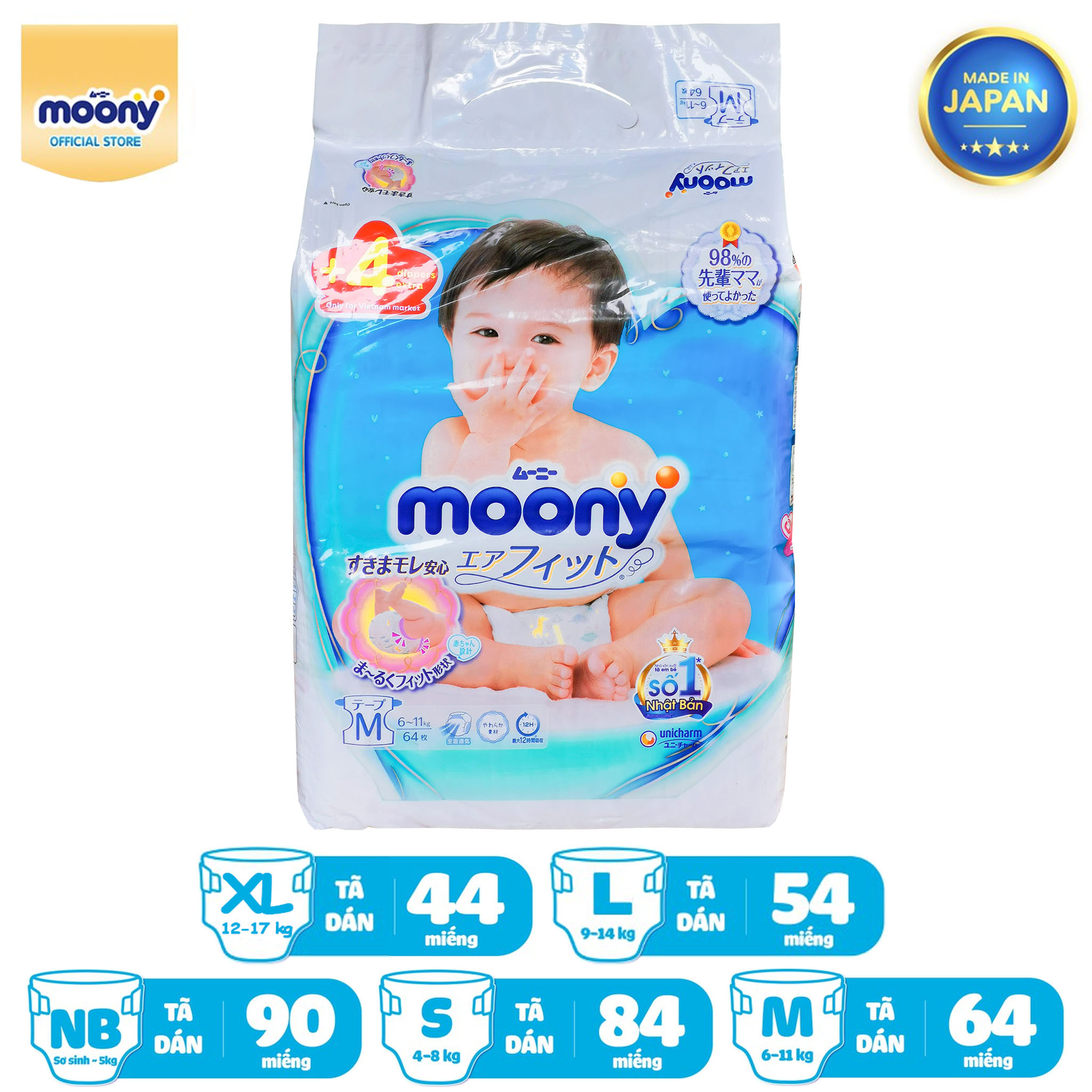 Tã dán moony size nb90/s84/m64/l54/xl44