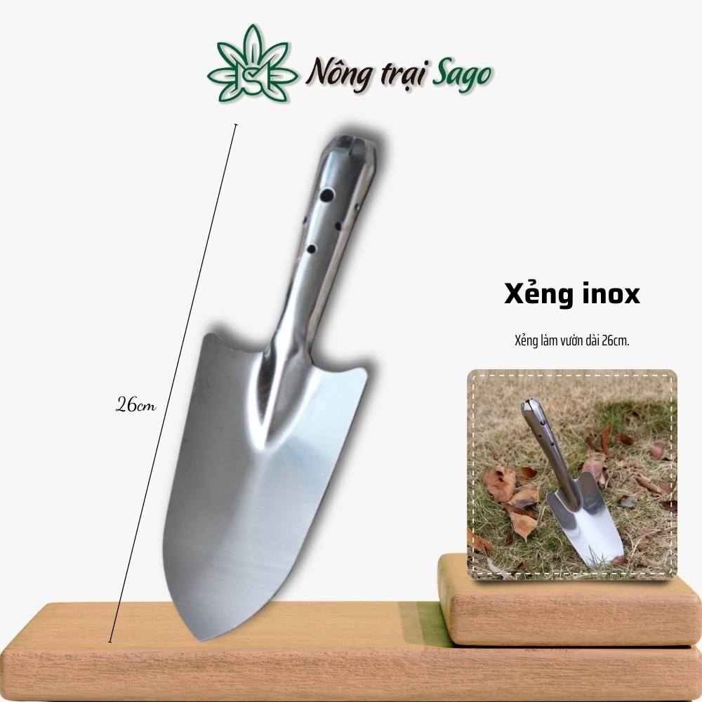 Xẻng Làm Vườn Inox - Dài 26cm, dụng cụ làm vườn tiện dụng, không rỉ sét, độ bền cao, cằm vừa tay - Nông Trại Sago