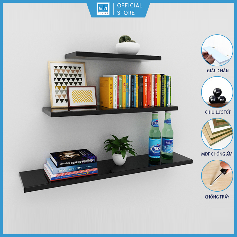 Kệ gỗ thanh ngang trang trí treo tường 20cm / 30cm / 40cm / 50cm sib decor màu trắng, đen, vân gỗ, xanh dương, hồng