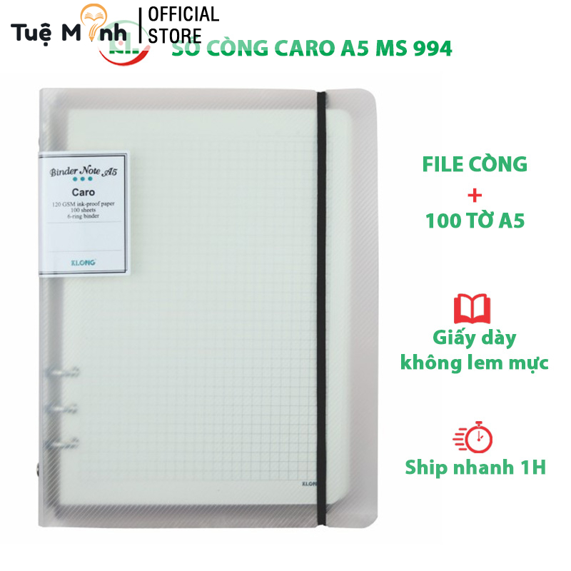 Sổ Còng Klong A5 Kèm 100 Tờ Caro Binder Bìa Nhựa Trong Suốt Klong Ms 994 vpp Tuệ Minh