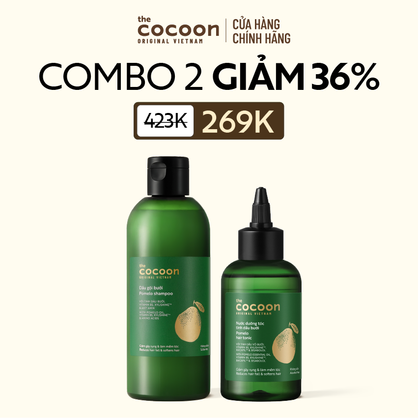 COMBO 1 Dầu gội bưởi Cocoon giúp giảm gãy rụng và làm mềm tóc 310ml+ 1 Nước dưỡng tóc tinh dầu bưởi 140ml