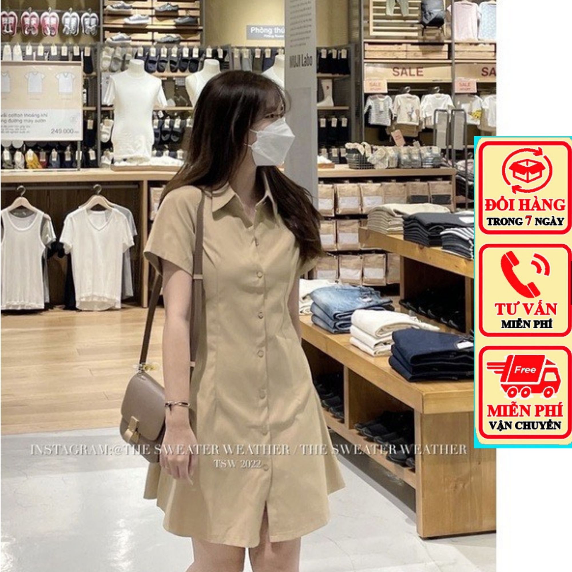 Váy sơ mi thô mềm chiết eo lưng chun dáng xòe đầm sơ mi hàn quốc d29401