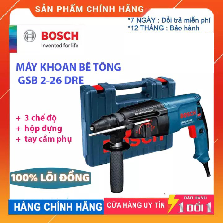 [HCM][ SALE SẬP SÀN ] MÁY KHOAN BÊ TÔNG BOSSCH GSB 2-26 DRE   MÁY KHOAN BÚA ĐA CHỨC NA CAO CẤP CÓ HỘP ĐỰNG CHẮC CHẮN .   Khoan các bề mặt cứng như tường bê tông đồ nội thất đồ gỗ... Dễ dàng. Bảo hành TOÀN NĂ