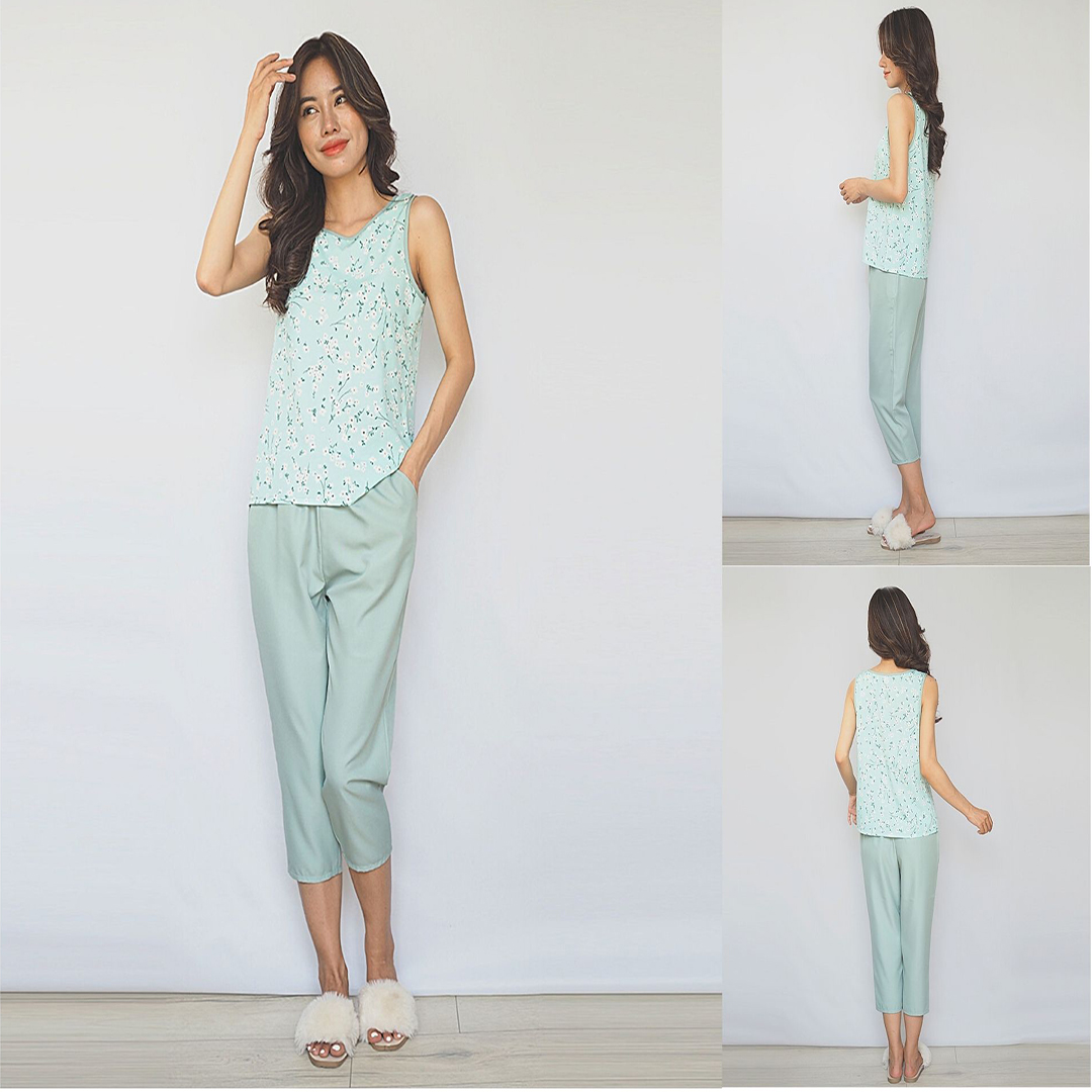 Đồ bộ lửng nữ mặc nhà sát nách lụa Thái mềm mịn hoa nhí siêu dễ thương