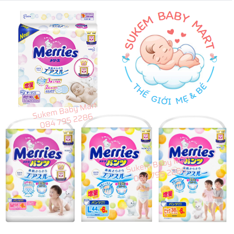 Bỉm merries nội địa cộng miếng dán/ quần các size nb96/s88/m68/m64/l58/l50/xl44/xxl28 - sukem mart