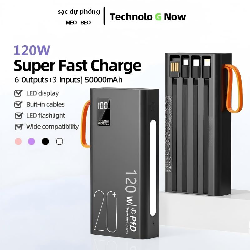 Vention 120W 50000Mah Backup Battery, Includes Type C and Light Cables, Supports Multiple Devices, Led Display Screen