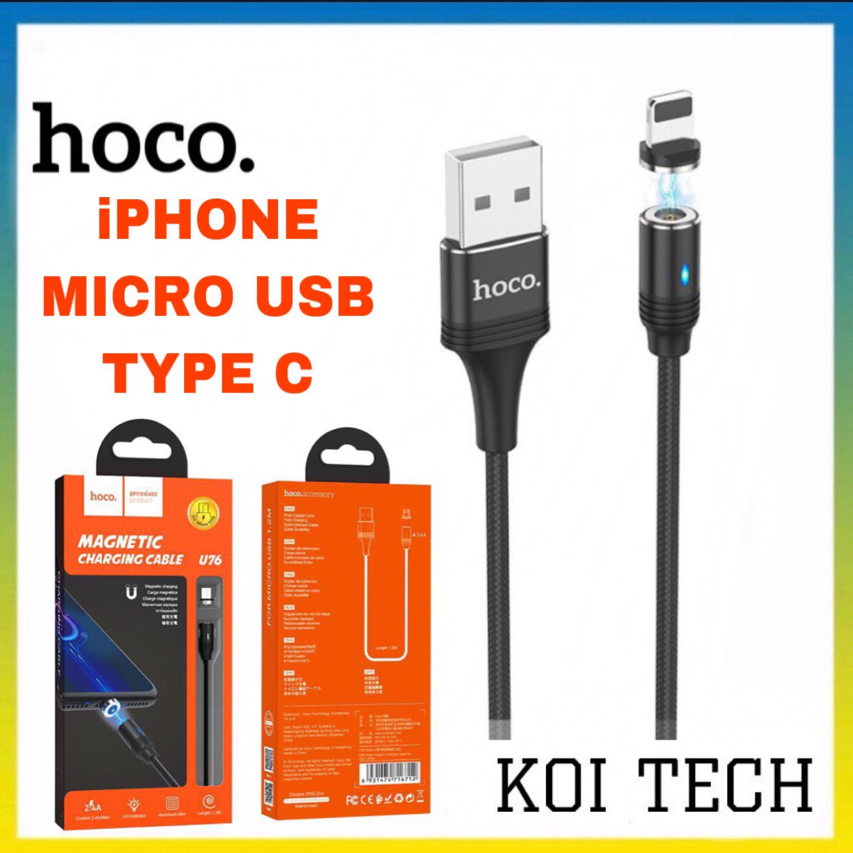 Dây sạc nam châm hoco u76 - cáp sạc bọc dù nhanh 2.4a - lightning cho IP ipad , micro usb , type c - KOI TECH