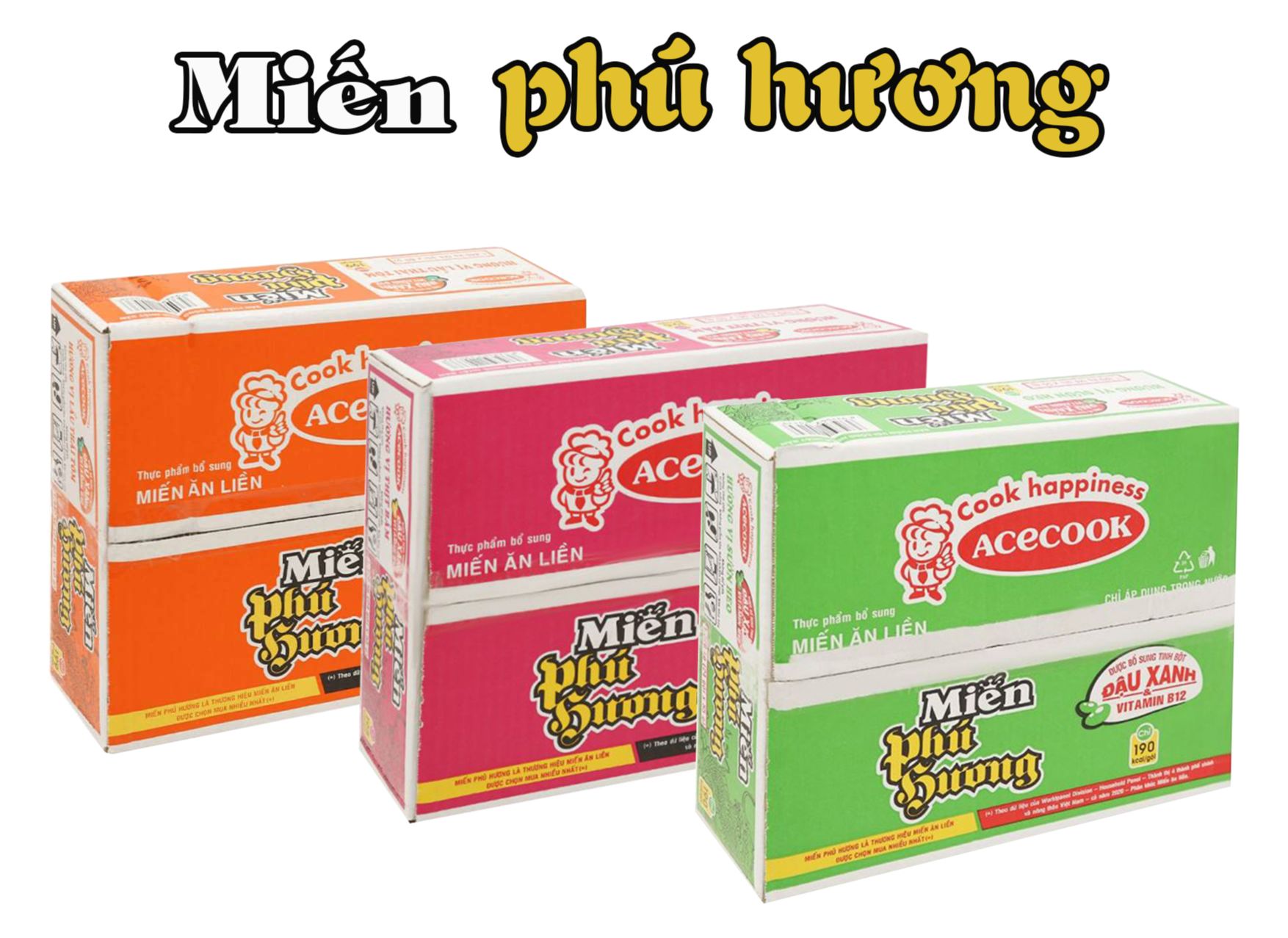 Thùng 24 gói miến phú hương sườn heo 55g/ thịt bằm 55g/ lẩu thái tôm 60g