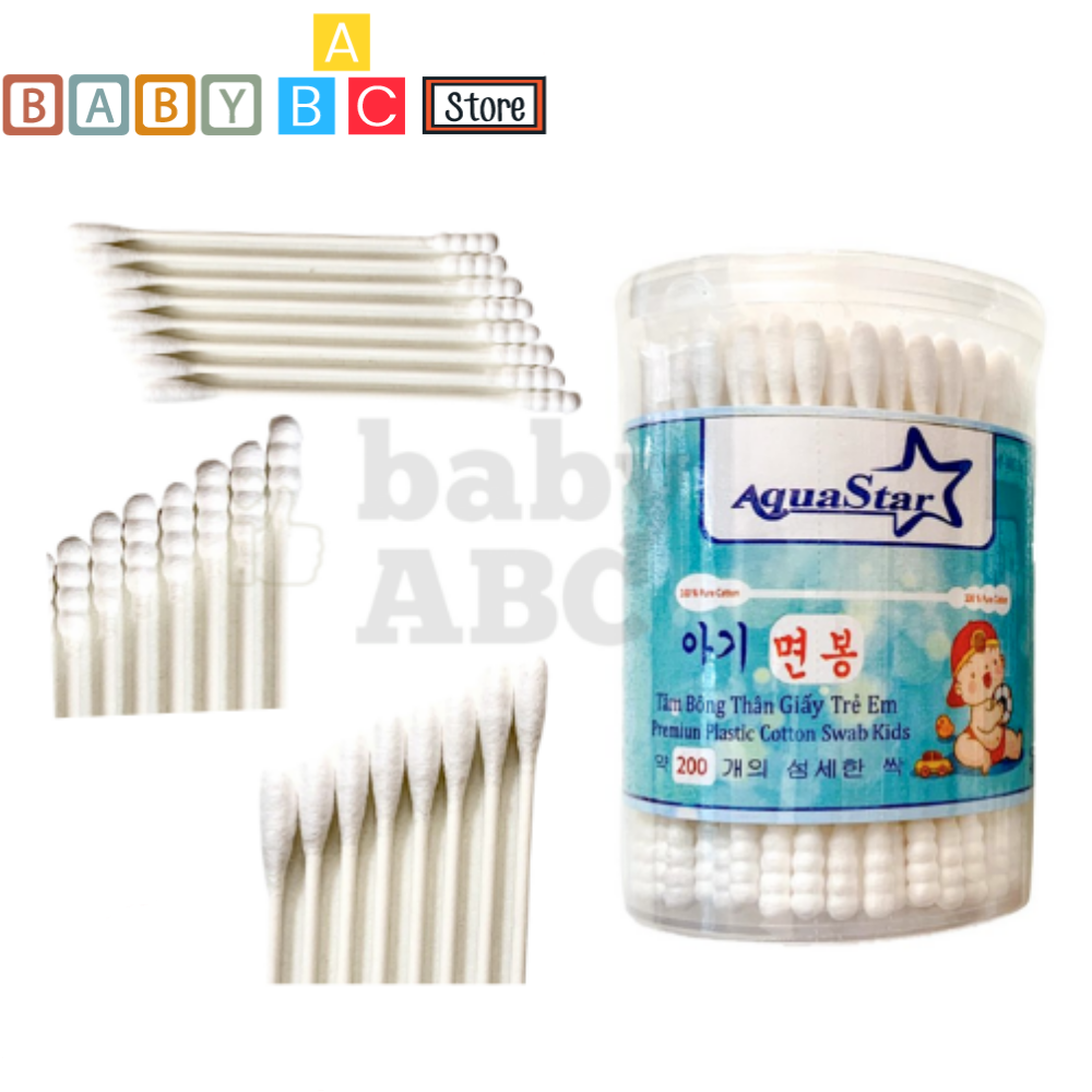 Tăm Bông Em Bé Aquastar Hộp 200 Que Thân Giấy Tăm Bông Cho Bé Sơ Sinh Đầu Nhỏ