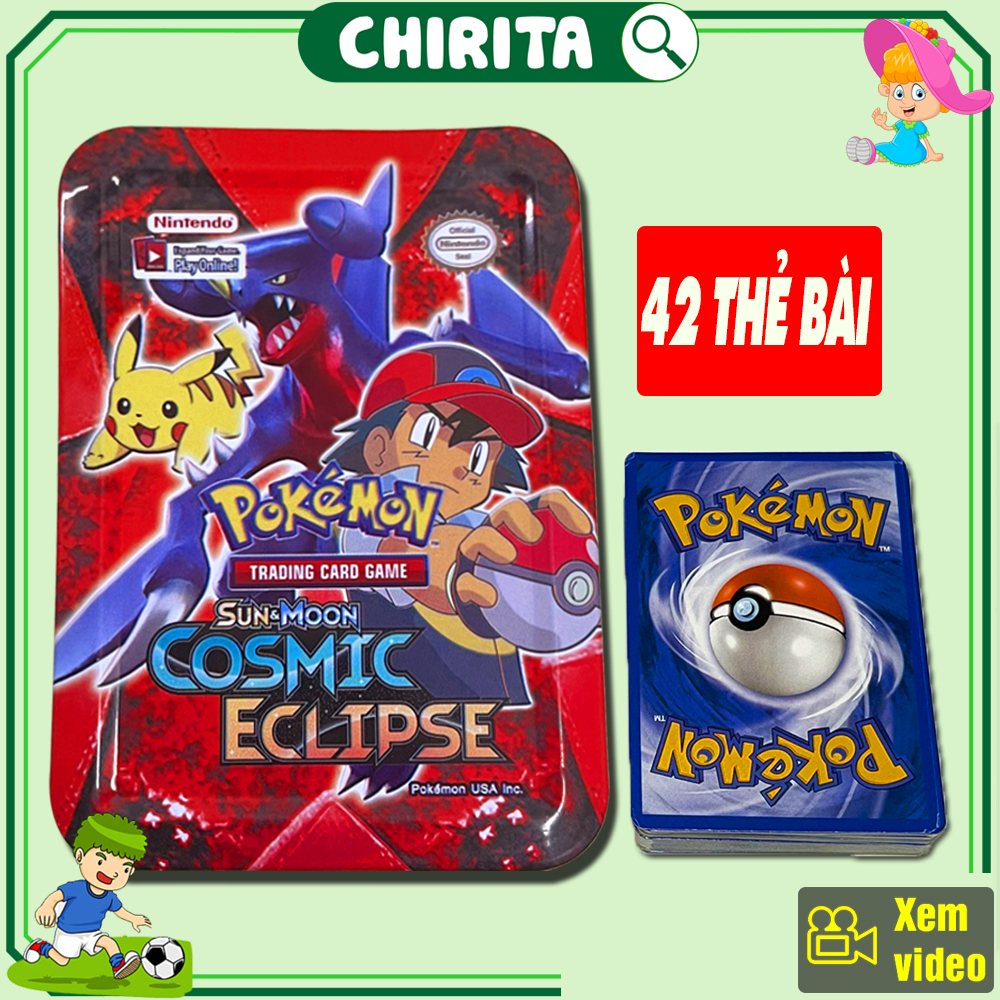 Bài POKEMON Hộp Sắt PK40 Cao Cấp - Bộ Bài Pokemnon 42 Thẻ Bài, Pokemon Huyền Thoại - Đồ Chơi Trẻ Em CHIRITA