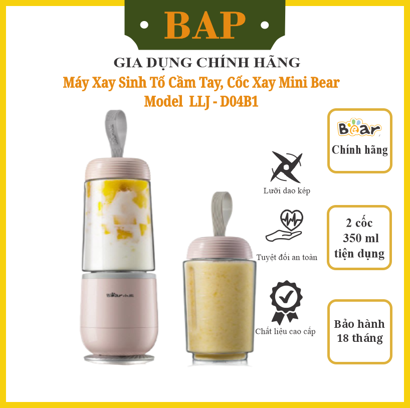 Máy xay sinh tố cầm tay, cốc xay sinh tố mini bear llj-d04b1 phiên bản quốc tế, bh 18 tháng - bap
