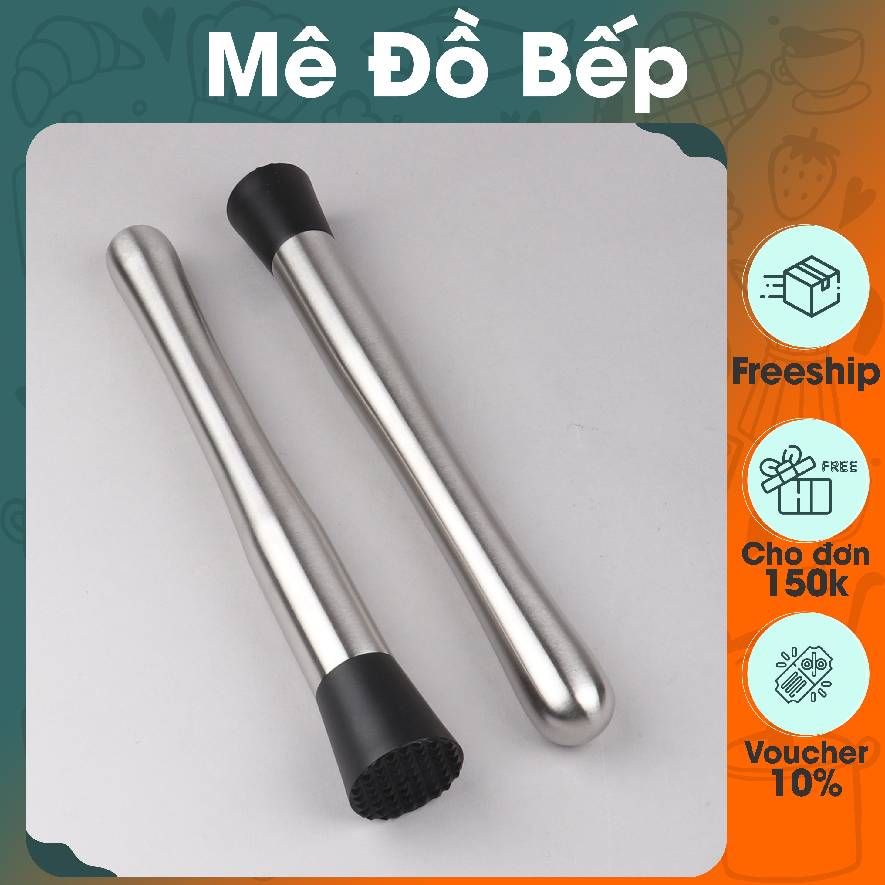 Cây dầm pha chế inox Bam House kích thước 25cm đầu cao su cao cấp CDP01 – Cây dầm quầy bar, Bar Muddle, Chày dầm hoa quả
