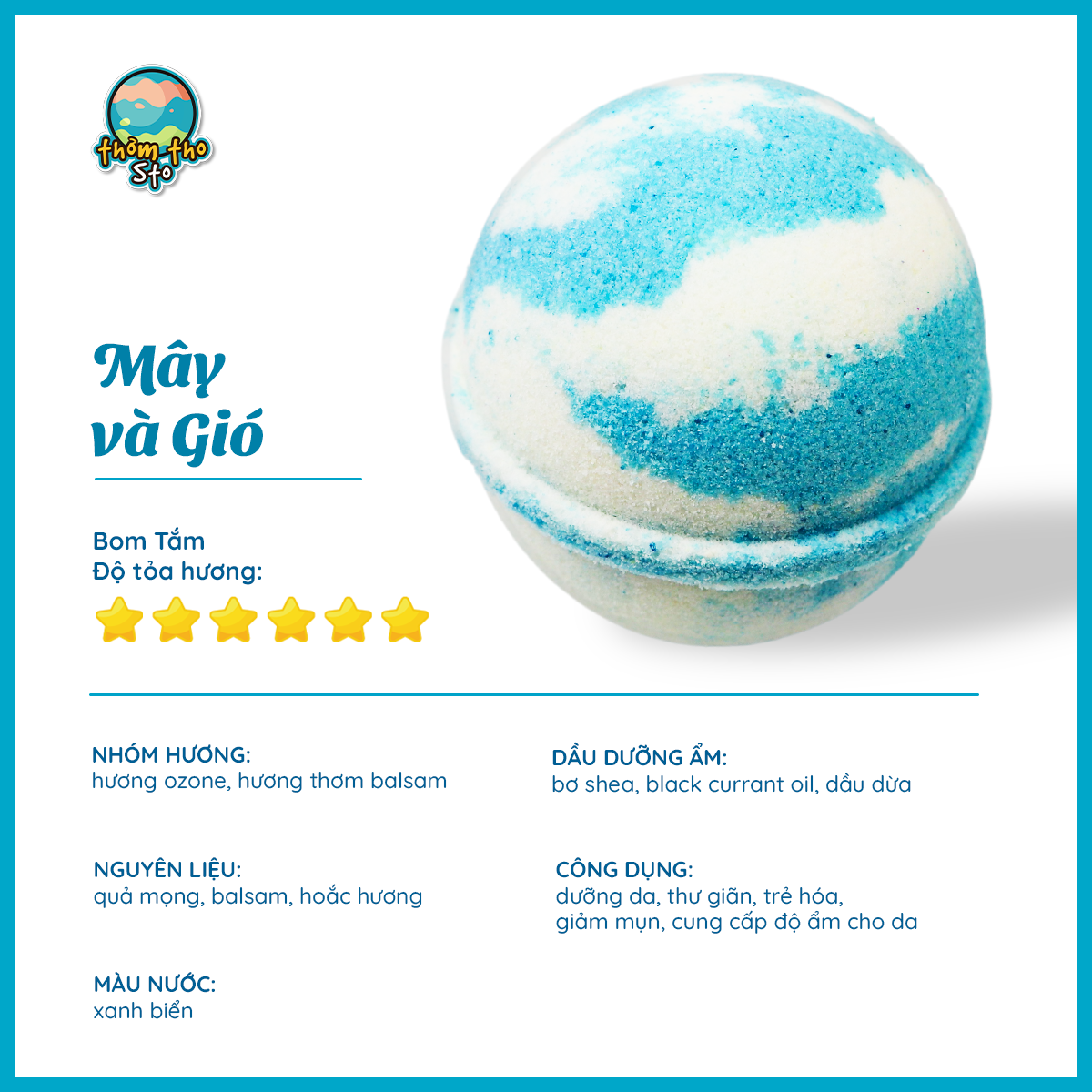 Bom tắm, Thơm Tho Sto, viên sủi bồn tắm sủi màu sắc MÂY VÀ GIÓ bath bomb