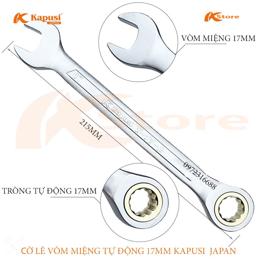Cờ lê vòm miệng tự động đảo chiều cao cấp kapusi japan vòm miệng 17mm chiều dài 215mm